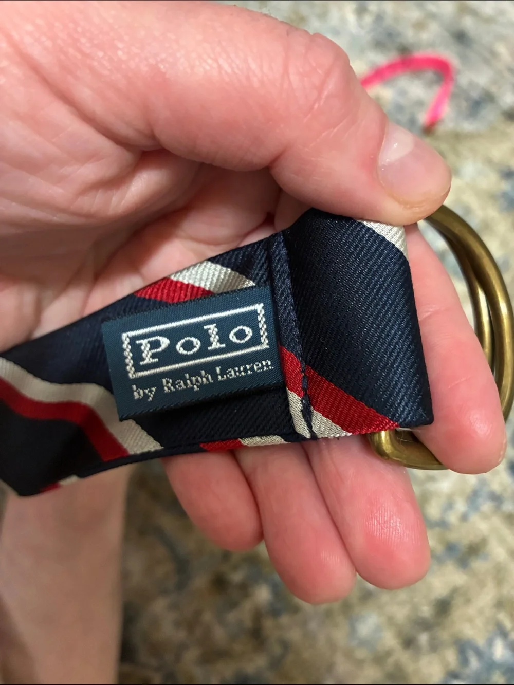 Vintage Polo Ralph Lauren Navy Stripe D-Ring Fabric Belt Coastal Old Money